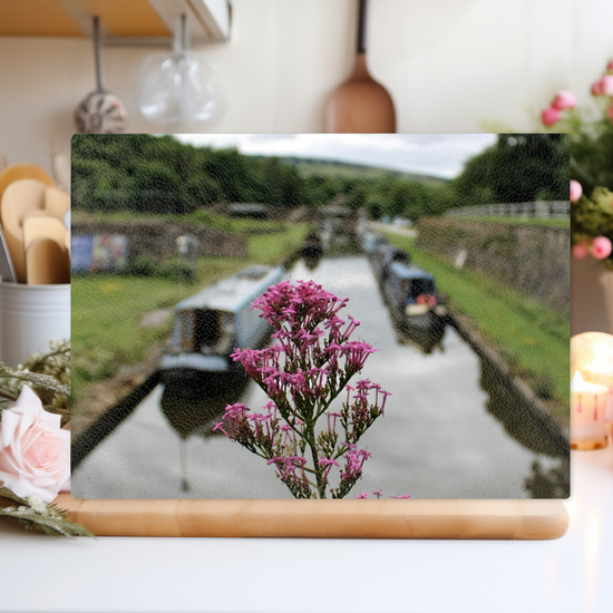 The Stylish Textured Glass Chopping Board. Bugsworth Canal Basin.  Buxworth. Peak Forest Canal. Derbyshire. England.