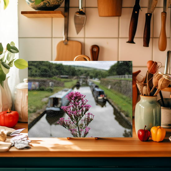 The Stylish Textured Glass Chopping Board. Bugsworth Canal Basin.  Buxworth. Peak Forest Canal. Derbyshire. England.