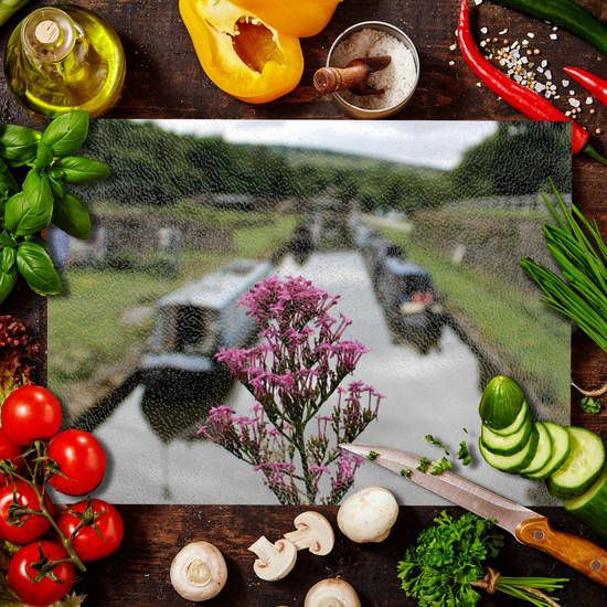 The Stylish Textured Glass Chopping Board. Bugsworth Canal Basin.  Buxworth. Peak Forest Canal. Derbyshire. England.