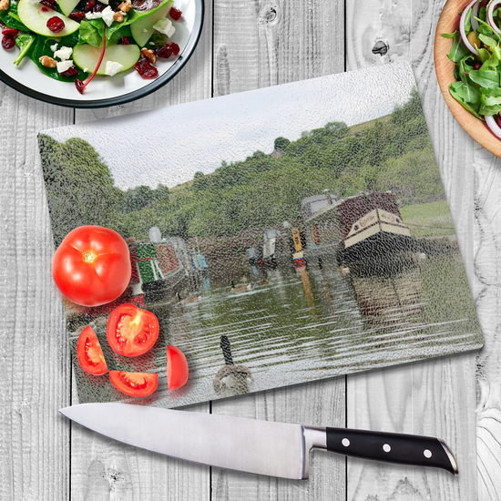 The Stylish Textured Glass Chopping Board. Bugsworth Canal Basin. Buxworth. Peak Forest Canal. Derbyshire. England.
