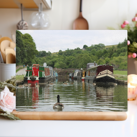The Stylish Textured Glass Chopping Board. Bugsworth Canal Basin. Buxworth. Peak Forest Canal. Derbyshire. England.