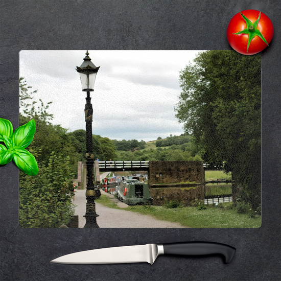 The Stylish Textured Glass Chopping Board. Bugsworth Canal Basin. Buxworth. Peak Forest Canal. Derbyshire. England.