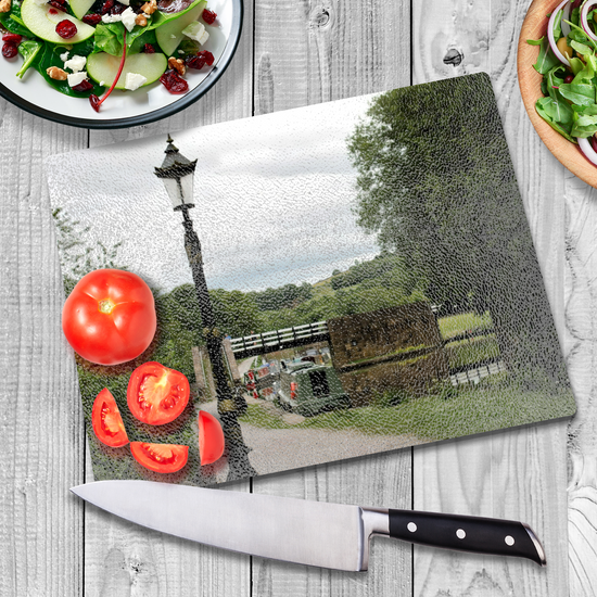The Stylish Textured Glass Chopping Board. Bugsworth Canal Basin. Buxworth. Peak Forest Canal. Derbyshire. England.