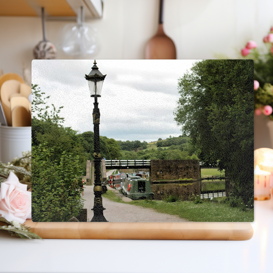 The Stylish Textured Glass Chopping Board. Bugsworth Canal Basin. Buxworth. Peak Forest Canal. Derbyshire. England.