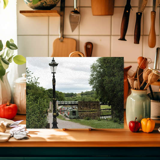 The Stylish Textured Glass Chopping Board. Bugsworth Canal Basin. Buxworth. Peak Forest Canal. Derbyshire. England.