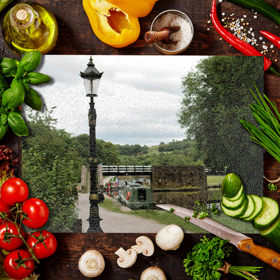 The Stylish Textured Glass Chopping Board. Bugsworth Canal Basin. Buxworth. Peak Forest Canal. Derbyshire. England.