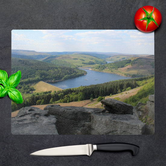 The Stylish Textured Glass Chopping Board. Bamford Edge. Ladybower Reservoir. Peak District National Park. Derbyshire. England.