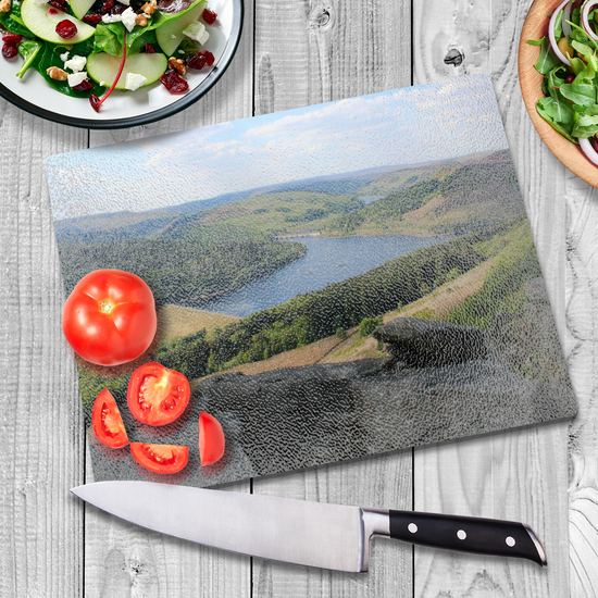 The Stylish Textured Glass Chopping Board. Bamford Edge. Ladybower Reservoir. Peak District National Park. Derbyshire. England.