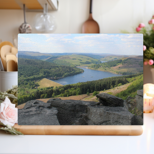 The Stylish Textured Glass Chopping Board. Bamford Edge. Ladybower Reservoir. Peak District National Park. Derbyshire. England.