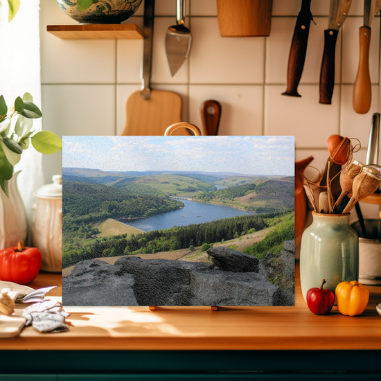 The Stylish Textured Glass Chopping Board. Bamford Edge. Ladybower Reservoir. Peak District National Park. Derbyshire. England.