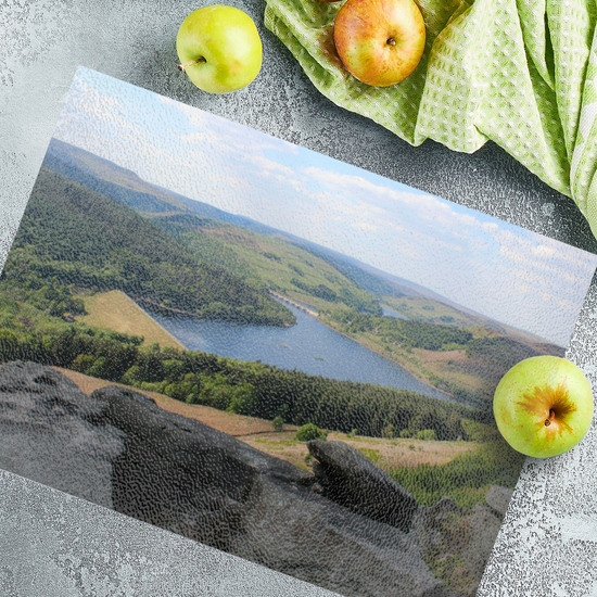 The Stylish Textured Glass Chopping Board. Bamford Edge. Ladybower Reservoir. Peak District National Park. Derbyshire. England.