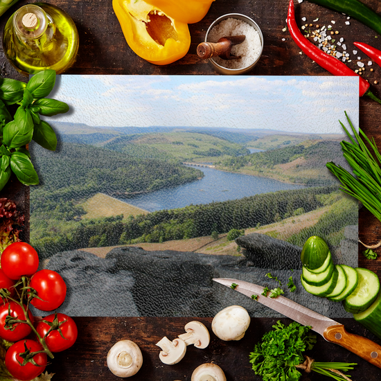 The Stylish Textured Glass Chopping Board. Bamford Edge. Ladybower Reservoir. Peak District National Park. Derbyshire. England.