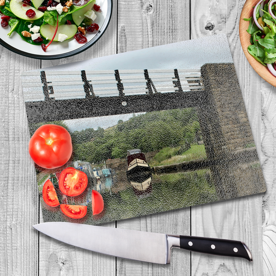 The Stylish Textured Glass Chopping Board. Bugsworth Canal Basin. Buxworth. Peak Forest Canal. Derbyshire. England.