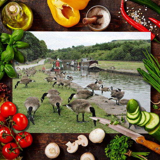 The Stylish Textured Glass Chopping Board. Bugsworth Canal Basin. Buxworth. Peak Forest Canal. Derbyshire. England.