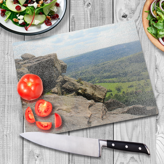 The Stylish Textured Glass Chopping Board. Bamford Edge. Peak District National Park. Derbyshire. England.