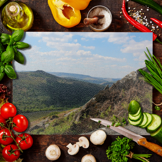 The Stylish Textured Glass Chopping Board. Bamford Edge. Peak District National Park. Derbyshire. England.