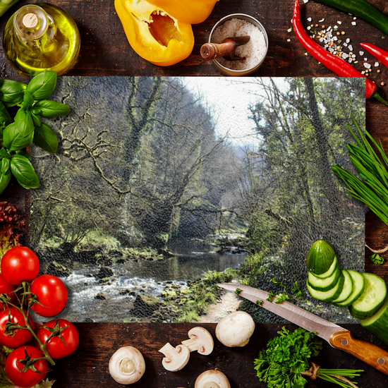 The Stylish Textured Glass Chopping Board. Chee Dale Nature Reserve. Peak District National Park. Derbyshire. England.