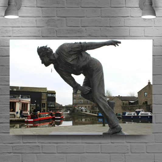 Giclée Mounted Wall Art Prints. The Leeds To Liverpool Canal. Freddie Trueman Statue. Skipton. North Yorkshire. England.