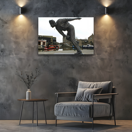 Giclée Mounted Wall Art Prints. The Leeds To Liverpool Canal. Freddie Trueman Statue. Skipton. North Yorkshire. England.
