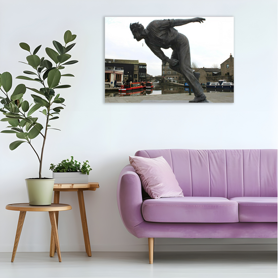 Giclée Mounted Wall Art Prints. The Leeds To Liverpool Canal. Freddie Trueman Statue. Skipton. North Yorkshire. England.