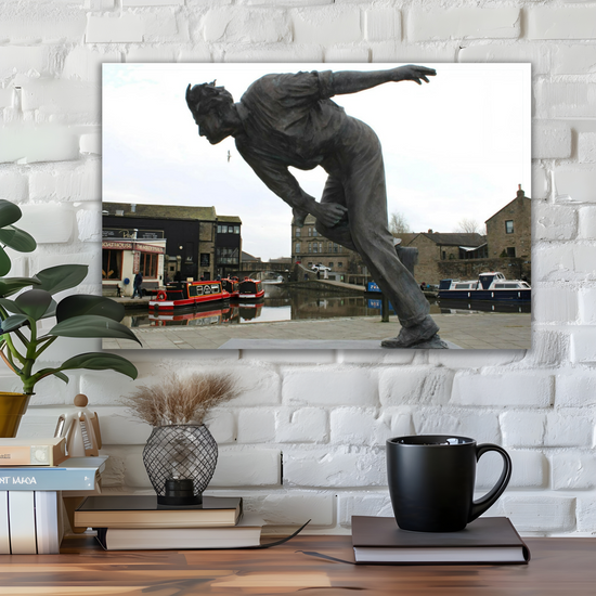 Giclée Mounted Wall Art Prints. The Leeds To Liverpool Canal. Freddie Trueman Statue. Skipton. North Yorkshire. England.