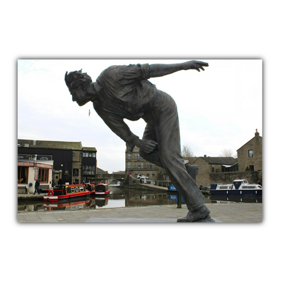 Giclée Mounted Wall Art Prints. The Leeds To Liverpool Canal. Freddie Trueman Statue. Skipton. North Yorkshire. England.
