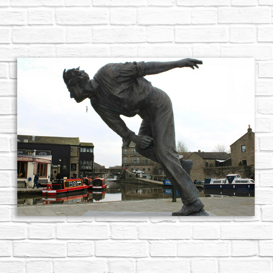 Giclée Mounted Wall Art Prints. The Leeds To Liverpool Canal. Freddie Trueman Statue. Skipton. North Yorkshire. England.